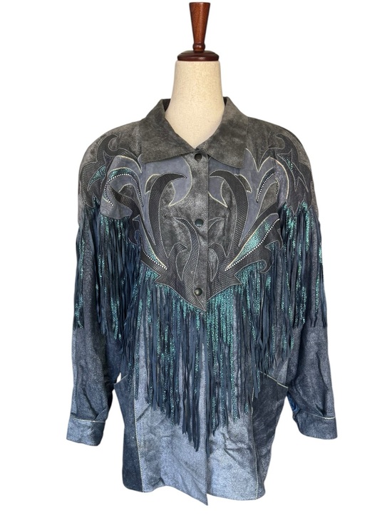 Roberto Cavalli Jackets & Blazers - Vintage 80s Roberto Cavalli Fringed Metallic Blue Gray Suede Western Jacket XS
